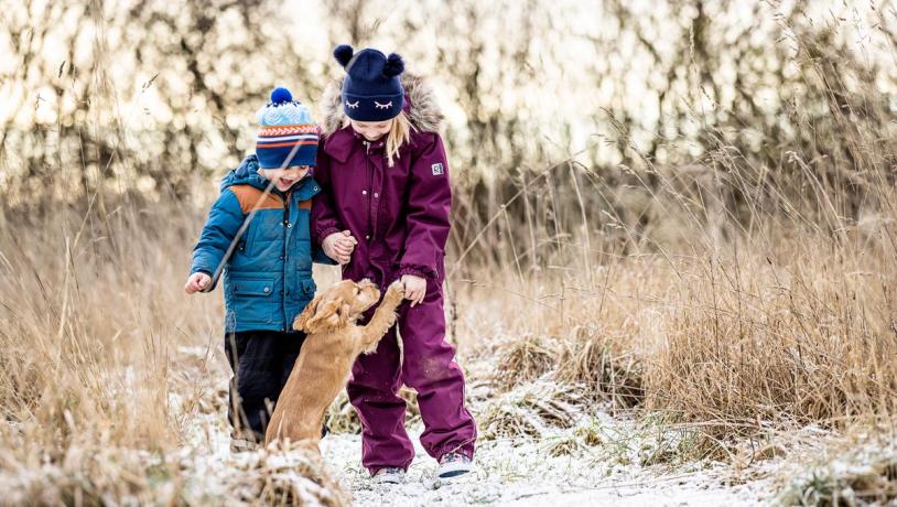 To børn leger med en hund i sne i Kystlandet