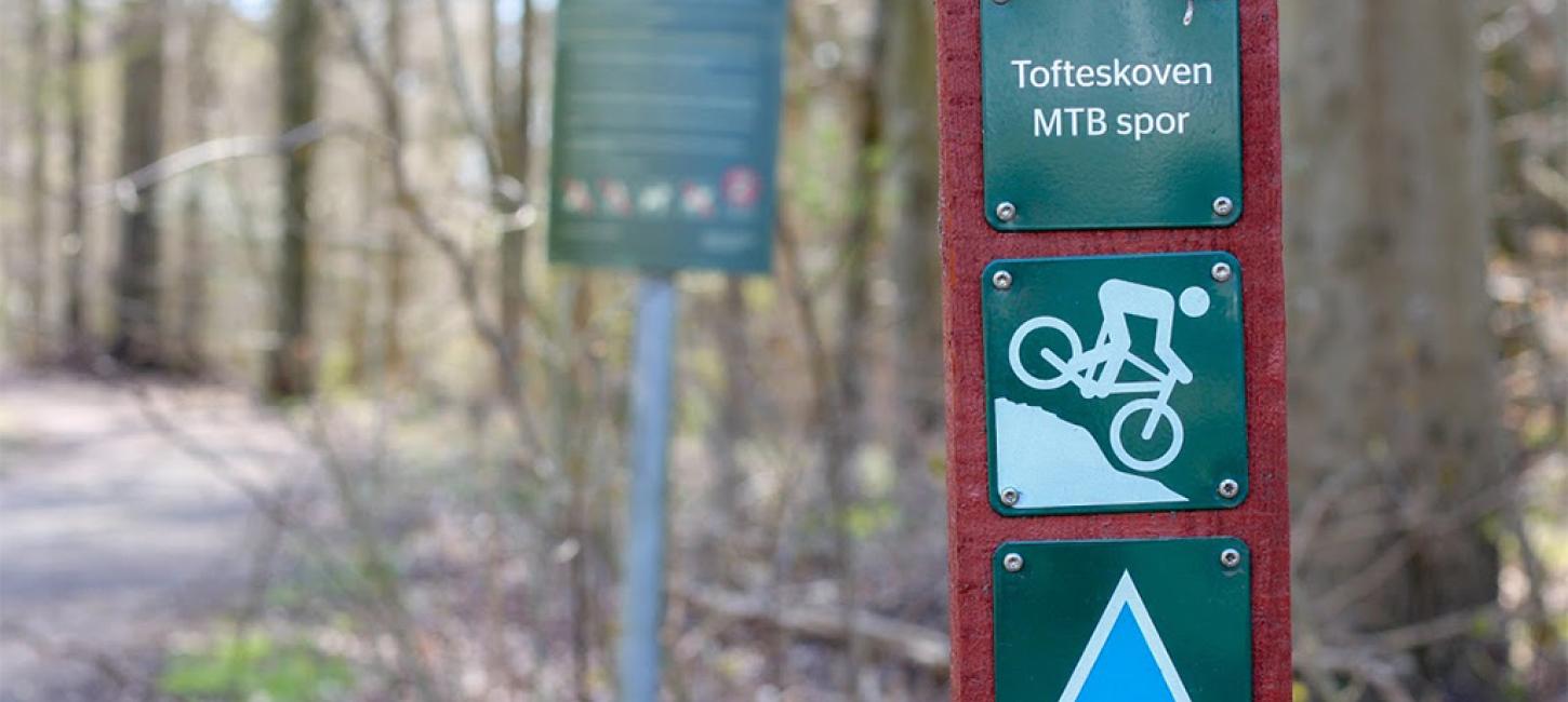 Blue trail sign on the mountain bike route in Tofte Forest in Juelsminde