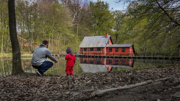 Father and children at Boller Mill in Klokkedal Forest